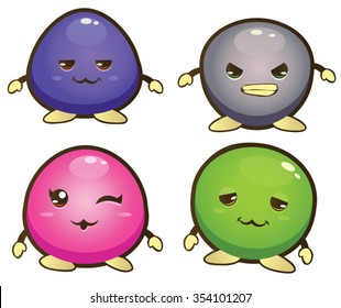 Bouncing Balls With Face, Hands and Legs - Purple, Gray, Pink and Green Cartoon Vector