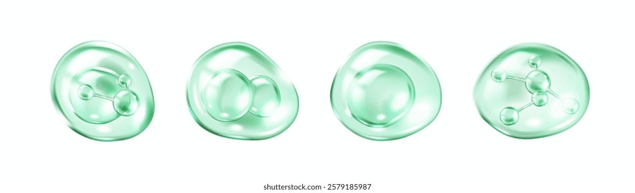 Bouncing collagen molecules within green transparent bubbles realistic color icons set. Scientific aesthetic 3d objects bundle on white