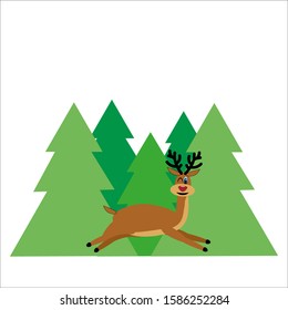 Bouncing deer and green christmas trees isolated on white background. Stock vector illustration for decoration and design, postcards, posters, web pages, fabrics, children and more.