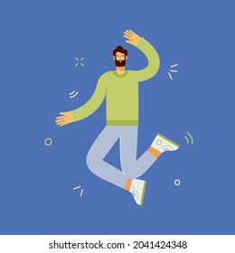 Bouncing, joyful guy. Happy young man is dancing, jumping, celebrating success. Concept of victory and goal achievement. Vector cartoon male character in full length. 