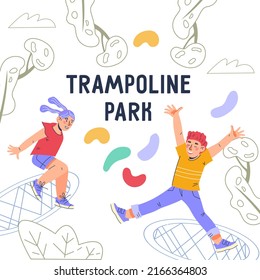 Bouncing on kids trampoline park entertainment banner or poster, flat vector illustration. Summer entertainment and attraction for children advert. Trampoline jumping.