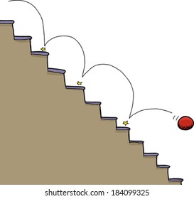 Bouncing red ball falling down staircase over white background