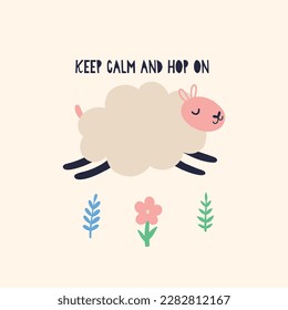 Bouncing sheep over spring flowers. Happy Easter holiday concept for egg hunt design, print, social media, poster, postcard. Modern Flat Style