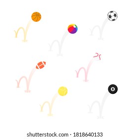 Bouncing sport game balls flat style design vector illustration icon signs isolated on white background set. Inflatable round sport game symbols jump on the ground.
