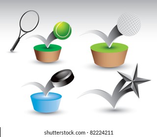 Bouncing tennis ball and racket, golf ball, hockey puck, and silver star
