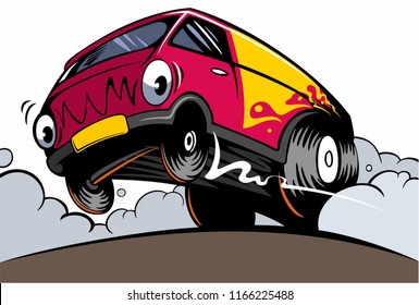 Bouncing van on the road, cartoon style van car logo.