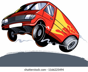 Bouncing van on the road, cartoon style van car logo.