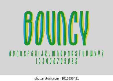 Bouncy artistic display font. Flexible yellow green blue letters, numbers and currency signs. Isolated vector english alphabet.