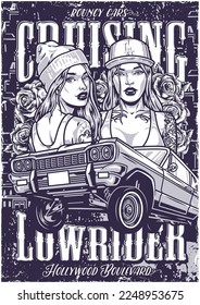 Bouncy cars lowriders poster monochrome with two young trendy hipster girls and auto for popular festival or competition vector illustration
