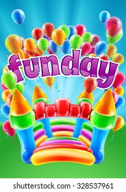 A bouncy castle and balloons funday event invite poster background design