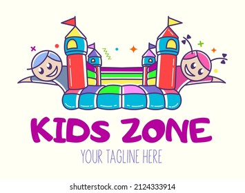 Bouncy castle cartoon logo. Kids zone concept. Children Playground sign.