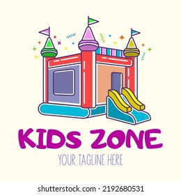 Bouncy castle cartoon logo. Kids zone concept. Children Playground sign.