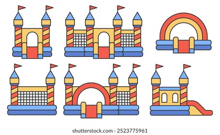Bouncy castle color icons set. Inflatable house pictograms with slide for air trampoline park and children playground for jumping. Inflated equipment for amusement park and kids zone. 