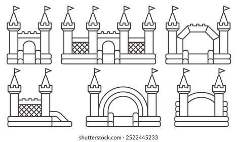 Bouncy castle icons set. Inflatable house vector trampoline with slide for jumping. Playground outline pictograms for kids zone amusement park and summer party. Inflated elastic equipment.