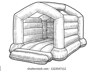 Bouncy castle illustration, drawing, engraving, ink, line art, vector