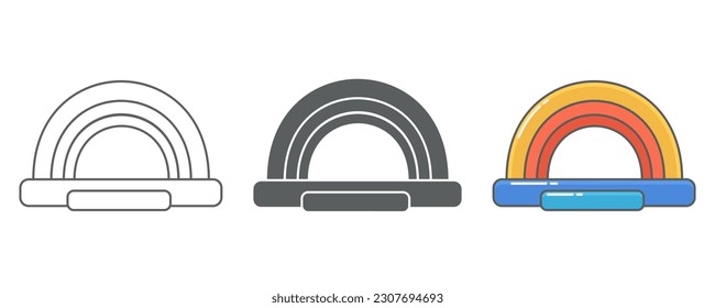 Bouncy castle inflatable house icon. Trampoline on playground for jumping kids and games in park. Vector outline silhouette and color pictogram.