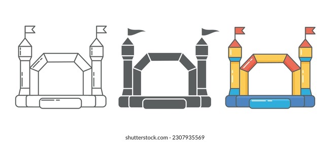 Bouncy castle inflatable house icon. Trampoline on playground for jumping kids and games in park. Vector outline silhouette and color pictogram.