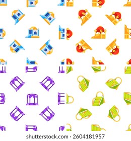 Bouncy castles, inflatable slides, and wedding gazebo repeating seamless pattern on white background
