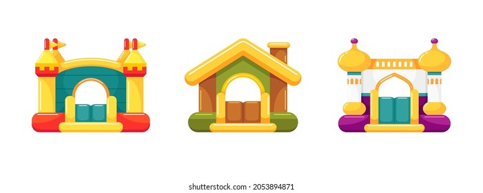 Bouncy houses for summer games on playground, kids zone. Children's inflatable trampolines design. Set of vector colorful illustrations isolated on white background