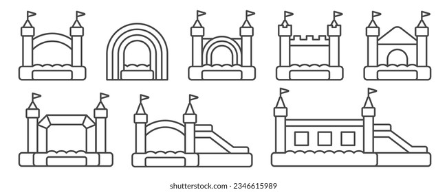 Juego de iconos de castillo inflables de Bouncy. Pictogramas de contorno de trampolín vectorial para saltar el juego aislado en fondo blanco