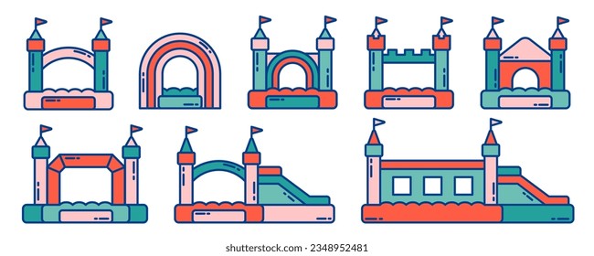 Juego de iconos de castillo inflables de Bouncy. Pictogramas de trampolín vectorial para saltar el juego aislado sobre fondo blanco. Ilustración colorida.