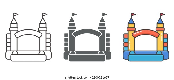 Bouncy inflatable castle set. Tower and equipment for child playground. Jumping house sign. Glyph silhouette, outline and color vector icon