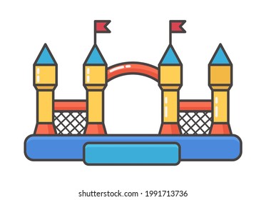 Bouncy inflatable castle. Tower and equipment for child playground. Vector line illustration isolated on white background.