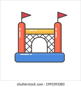 Bouncy inflatable castle. Tower and equipment for child playground. Vector line illustration isolated on white background.