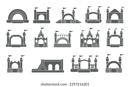 Bouncy inflatable castle. Tower and equipment for child playground. Jumping house sign. Glyph vector silhouette icons set.