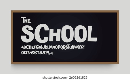 Bouncy school font on blackboard, full alphabet with numbers, quirky playful letters for kids. Great for classroom posters, books, learning designs. Vector typeset