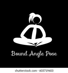 Bound Angle Pose, Baddha Konasana. Yoga Position. Vector Silhouette Illustration. Vector graphic design or logo element for spa center, studio, class, center, poster. Yoga retreat. White.