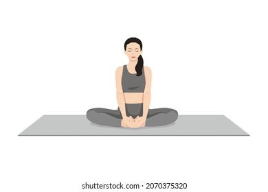 Bound Angle Pose, Butterfly Pose, Beautiful girl practice Baddha Konasana. Young attractive woman practicing yoga exercise. working out, black wearing sportswear, grey pants and top, calmness relax.