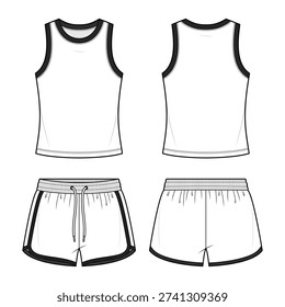 Bound Edge Ringer Tank Top and Drawstring Shorts Flat Sketch - Retro 2026 Sportswear