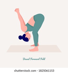 Bound Forward Fold. Young woman practicing Yoga pose. Woman workout fitness, aerobic and exercises. Vector Illustration.