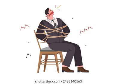 Bound and gagged business man has become hostage to bad employer who forbids to leave workplace. Frightened guy, hostage, needs help of lawyer to free himself from corporate slavery.