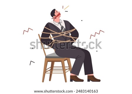 Bound and gagged business man has become hostage to bad employer who forbids to leave workplace. Frightened guy, hostage, needs help of lawyer to free himself from corporate slavery.