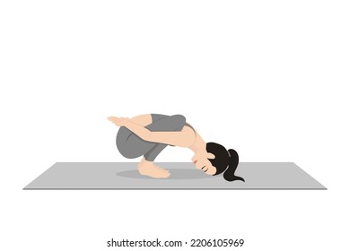 Bound Garland Pose Forward Bend. Beautiful girl practice Baddha Malasana Forward Bend. Young attractive woman practicing yoga exercise. working out, black wearing sportswear, grey pants and top