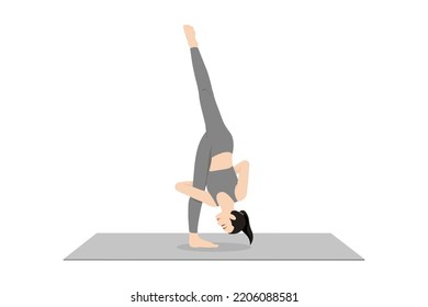 Media Luna. Bella práctica de chicas Baddha Ardha Chandrasana. Joven atractiva practicando yoga. ejercicios, ropa deportiva negra, pantalones grises y parte superior, interior de largo