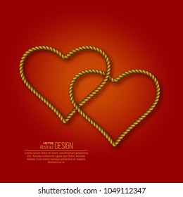 The bound hearts from ropes on a red background. Framework. A template for the wedding invitation, a congratulation. St. Valentine's Day. Sea romanticism. Design elements. Vector illustration.