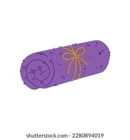 Bound lilac towel with rope isolated clean bath fabric cloth. Vector spa hygiene object, bathing clothing fold fluffy towel of lavender cloth