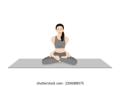 Bound Lotus Pose. Beautiful girl practice Baddha Padmasana. Young attractive woman practicing yoga exercise. working out, black wearing sportswear, grey pants and top, indoor full length, calmness