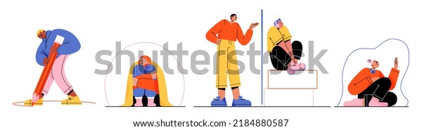 Boundaries of personal space,\
person safe zone concept. Vector flat illustration of calm people\
avoid social communications, separating from community with\
barrier