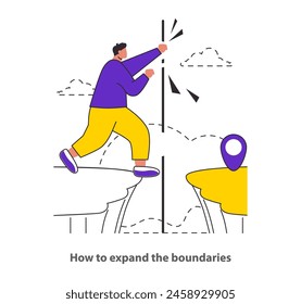Boundary Expansion concept A figure plants a flag beyond the edge, symbolizing new achievements and the exploration of unknown territories A fresh narrative of adventure and ambition Vector