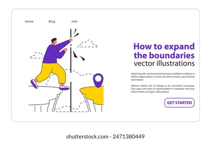 Boundary Expansion concept A figure plants a flag beyond the edge, symbolizing new achievements and the exploration of unknown territories A fresh narrative of adventure and ambition Vector