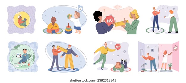 Boundary vector illustration. Establishing safe and comfortable comfort zone within our boundaries promotes well being Public spaces often require individuals to adapt their boundaries to accommodate