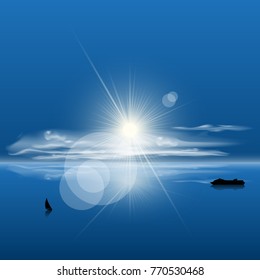 The boundless expanse of the ocean, blue sky with clouds, sun with light effects vector illustration. Seascape scene.