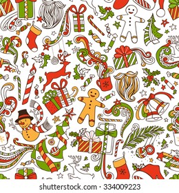 Boundless Funny Christmas Wallpaper. Seamless hand-drawn pattern. Christmas tree and baubles, Santa sock, hat, beard, gifts, candy canes, snowman, swirls, gingerbread man, deer, bells and ribbons.