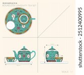 Boundless Longevity Tea Set Technical Drawing. Translation: (Title) Boundless Longevity Tea Set, (Tea Set) Boundless Longevity