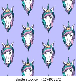 Boundless pattern with queen-unicorn head on violet background. Idea of fabric or baby wallpaper.