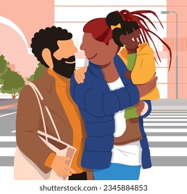 Boundless Pride: Nurturing Love, Parenthood, and Father's Day in LGBTQ+ Families - Joyful Stroll: Happy Gay Couple Takes a Walk Through the City with Their Daughter in Their Arms


